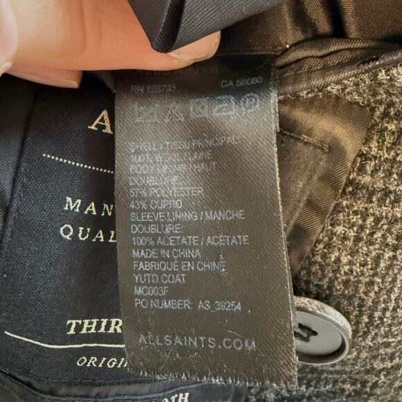 AllSaints Mallieus Men’s Wool Plaid Yuto Pea Coat Charcoal Gray Size Medium 38 - Picture 13 of 16